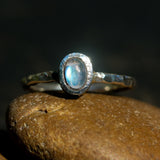 Dainty oval moonstone ring in silver bezel setting with oxidized texture sterling silver band - Metal Studio Jewelry