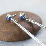 Sterling silver stud earrings with faceted blue sapphire in prongs setting and silver spike - Metal Studio Jewelry