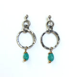 Blue turquoise in freeform earrings and hammer silver loops with sterling silver stud style - Metal Studio Jewelry