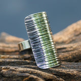 Adjustable ring wrap sterling silver in rectangle shape with oxidized lines design - Metal Studio Jewelry