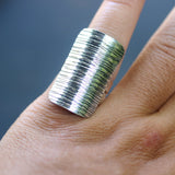 Adjustable ring wrap sterling silver in rectangle shape with oxidized lines design - Metal Studio Jewelry