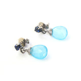 Dyed blue chalcedony teardrop faceted earrings with tiny blue sapphire on the top and sterling silver stud style - Metal Studio Jewelry