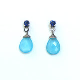 Dyed blue chalcedony teardrop faceted earrings with tiny blue sapphire on the top and sterling silver stud style - Metal Studio Jewelry
