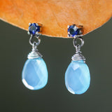 Dyed blue chalcedony teardrop faceted earrings with tiny blue sapphire on the top and sterling silver stud style - Metal Studio Jewelry