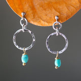 Blue turquoise in freeform earrings and hammer silver loops with sterling silver stud style - Metal Studio Jewelry