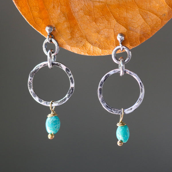 Blue turquoise in freeform earrings and hammer silver loops with sterling silver stud style - Metal Studio Jewelry