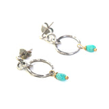 Blue turquoise in freeform earrings and hammer silver loops with sterling silver stud style - Metal Studio Jewelry