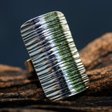 Adjustable ring wrap sterling silver in rectangle shape with oxidized lines design - Metal Studio Jewelry
