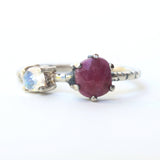 Faceted ruby ring in silver prongs setting and faceted moonstone with sterling silver texture band