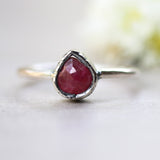 Teardrop ruby ring in silver bezel setting with sterling silver high polish finished band - Metal Studio Jewelry