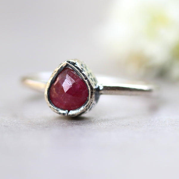Teardrop ruby ring in silver bezel setting with sterling silver high polish finished band - Metal Studio Jewelry