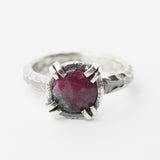 Round Ruby zoisite ring in silver bezel and double prongs setting with sterling silver oxidized hard textured band