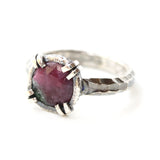 Round Ruby zoisite ring in silver bezel and double prongs setting with sterling silver oxidized hard textured band