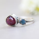 Deep red ruby ring in silver bezel setting and tiny round labradorite with sterling silver texture design band - Metal Studio Jewelry