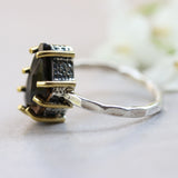 Smoky quartz ring in silver bezel and brass prongs with sterling silver hammer texture band - Metal Studio Jewelry
