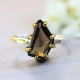 Smoky quartz ring in silver bezel and brass prongs with sterling silver hammer texture band - Metal Studio Jewelry