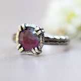 Round Ruby zoisite ring in silver bezel and double prongs setting with sterling silver oxidized hard textured band