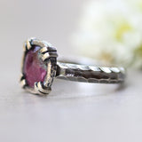 Round Ruby zoisite ring in silver bezel and double prongs setting with sterling silver oxidized hard textured band