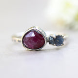 Deep red ruby ring in silver bezel setting and tiny round labradorite with sterling silver texture design band - Metal Studio Jewelry