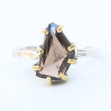 Smoky quartz ring in silver bezel and brass prongs with sterling silver hammer texture band - Metal Studio Jewelry