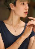 Oval cabochon rose quartz necklace in silver bezel and prongs setting with pink multi-sapphire beads secondary on oxidized silver chain - Metal Studio Jewelry