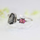 Rough diamond ring in silver bezel setting and oval faceted pink tourmaline on the side with sterling silver high polished band - Metal Studio Jewelry