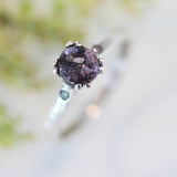 Purple spinel ring in prongs setting and diamond side set with sterling silver band - Metal Studio Jewelry