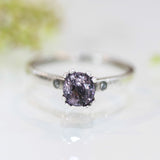 Purple spinel ring in prongs setting and diamond side set with sterling silver band - Metal Studio Jewelry