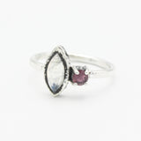Marquise moonstone ring with pink tourmaline side set gems in bezel and prongs setting - Metal Studio Jewelry