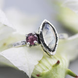Marquise moonstone ring with pink tourmaline side set gems in bezel and prongs setting - Metal Studio Jewelry