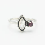 Marquise moonstone ring with pink tourmaline side set gems in bezel and prongs setting - Metal Studio Jewelry