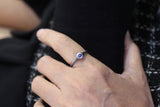 Sterling silver brush texture oxidized ring with tiny round faceted blue sapphire in silver bazel setting - Metal Studio Jewelry