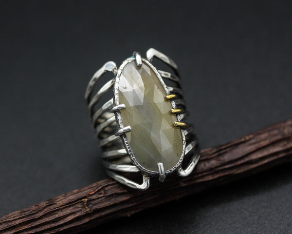 Oval rose cut gray sapphire ring in silver bezel and prongs setting with sterling silver skeleton multi wrap band - Metal Studio Jewelry