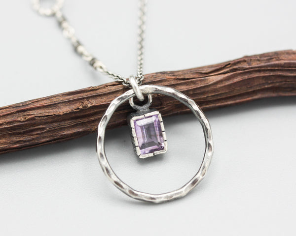 Rectangle amethyst pendant necklace in silver bezel setting with silver circle loop on sterling silver chain