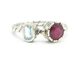 Round red ruby ring in silver bezel setting with blue topaz  sterling silver oxidized twist design band