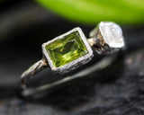 Peridot ring and moonstone with sterling silver oxidized twist band