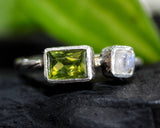 Peridot ring and moonstone with sterling silver oxidized twist band