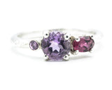 Sterling silver wedding ring with Amethyst, pink tourmaline and tiny amethyst gemstone in bezel and prongs setting