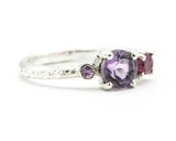 Sterling silver wedding ring with Amethyst, pink tourmaline and tiny amethyst gemstone in bezel and prongs setting