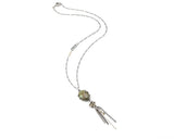 Oval green turquoise pendant necklace with silver flower and silver chain decoration