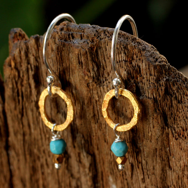Sterling silver earrings with hand hammered brass hoop and turquoise drop - Metal Studio Jewelry
