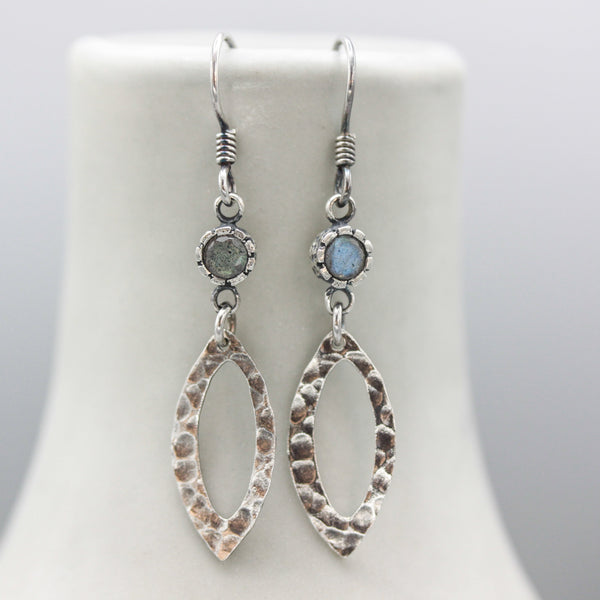 Labradorite earrings and oxidized silver marquis shape in hammer textured on sterling silver hook style