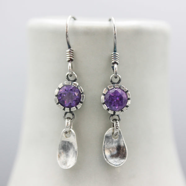 Round Amethyst earrings in silver bezel setting with silver leaf on sterling silver hooks style