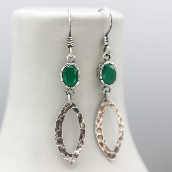 Green onyx earrings and oxidized silver marquis shape in hammer textured on sterling silver hook style