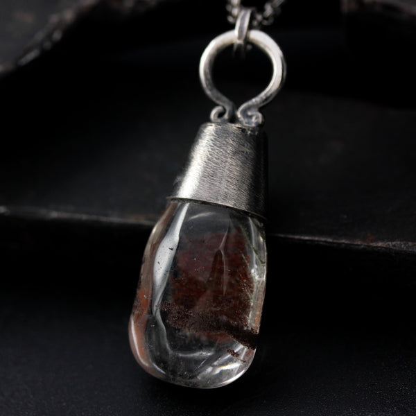 Rhodolite gardens quartz pendant necklace with oval cabochon moonstone on the side on sterling silver chain