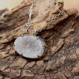 Oval cut lightly coloured raw druzy pendant necklace with silver chain - Metal Studio Jewelry