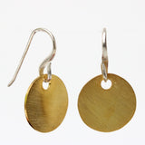 Gold plated brass discs earrings with matte finish and hangs on sterling silver hook - Metal Studio Jewelry