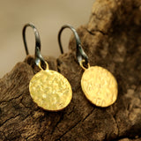 Gold plated brass discs earrings with texture and hangs on sterling silver oxidized hook - Metal Studio Jewelry