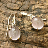 Oval cabochon Rose quartz earrings in silver bezel setting with polished brass accent prongs - Metal Studio Jewelry