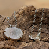 Oval cut lightly coloured raw druzy pendant necklace with silver chain - Metal Studio Jewelry